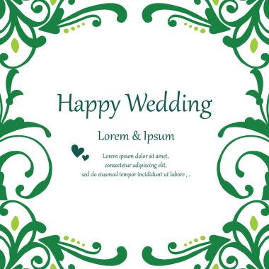 Dekorasyon kartı mutlu düğün, desen benzersiz çerçeve, yaprakların dalları. Vektör