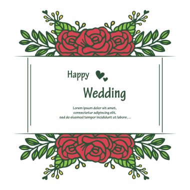 Şablon davetiye kartı mutlu düğün, güzel kırmızı çelenk, çerçeve bırakır. Vektör