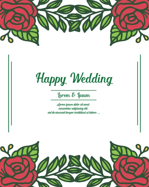 Tarjeta de invitación plantilla feliz boda, hermosa corona roja, hojas marco. Vector — Archivo Imágenes Vectoriales