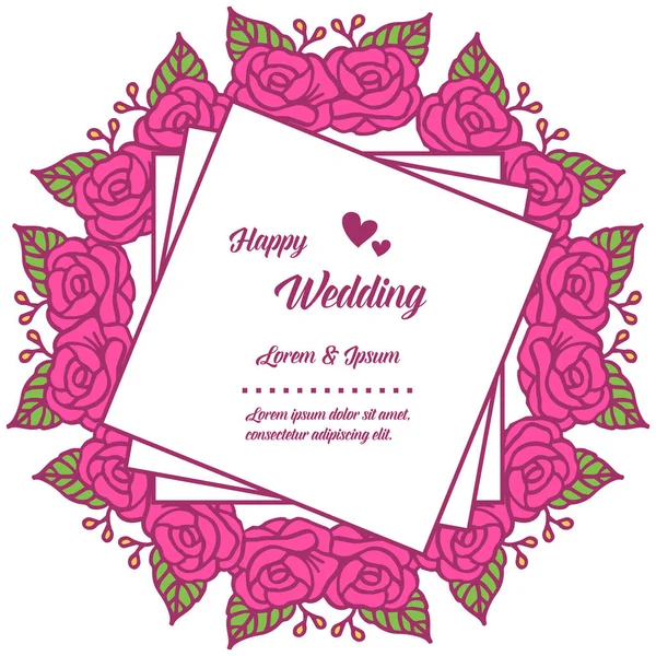 Diseño de la tarjeta feliz boda, patrón floral rosa, marco sin costuras. Vector — Archivo Imágenes Vectoriales