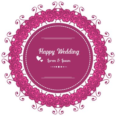 Kart mutlu düğün şekli, desen sanat pembe çelenk çerçeve, beyaz bir zemin üzerinde izole. Vektör