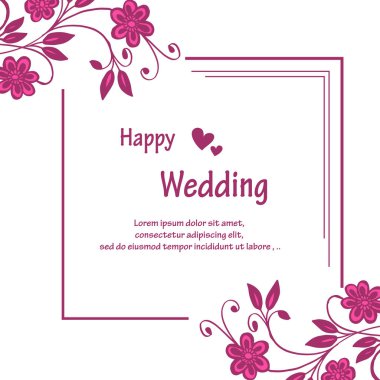 Kart mutlu düğün şekli, desen sanat pembe çelenk çerçeve, beyaz bir zemin üzerinde izole. Vektör
