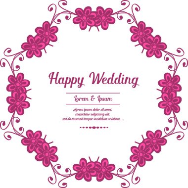 Kart mutlu düğün şekli, desen sanat pembe çelenk çerçeve, beyaz bir zemin üzerinde izole. Vektör