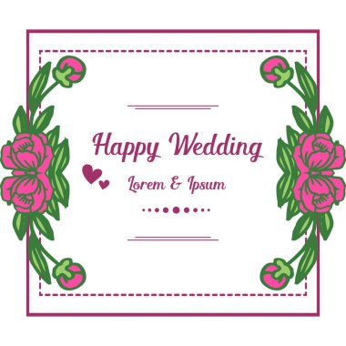 Çelenk pembe çiçekler ve yeşil yaprakları ile dalları, davet kartı mutlu düğün tasarımı. Vektör