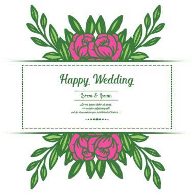 Çelenk pembe çiçekler ve yeşil yaprakları ile dalları, davet kartı mutlu düğün tasarımı. Vektör