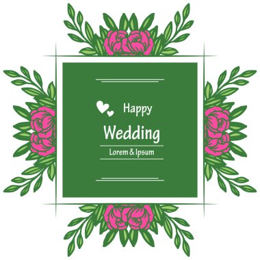 Çelenk pembe çiçekler ve yeşil yaprakları ile dalları, davet kartı mutlu düğün tasarımı. Vektör