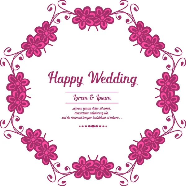 Shape of card happy wedding, pattern art pink wreath frame, isolated on a white backdrop. Vector — Stock Vector