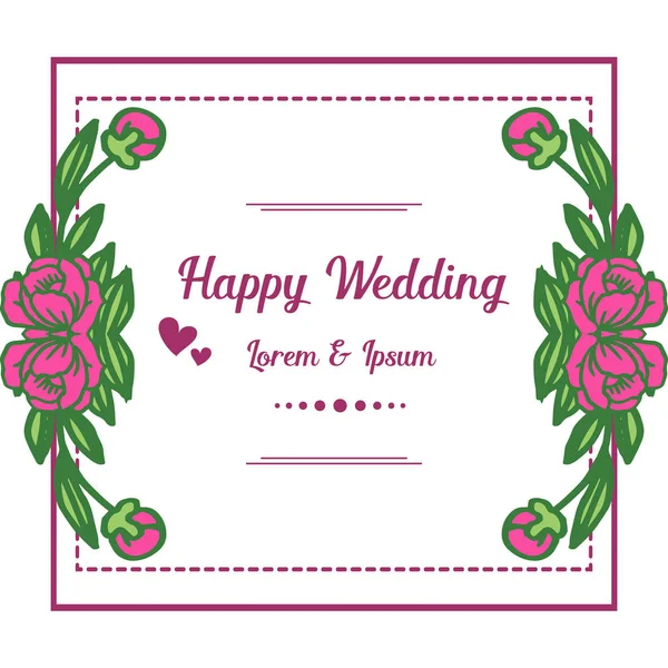 Çelenk pembe çiçekler ve yeşil yaprakları ile dalları, davet kartı mutlu düğün tasarımı. Vektör