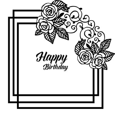 Tasarım kartı mutlu yıllar, siyah beyaz çiçek çerçeve süslü, kart duvar kağıdı için. Vektör