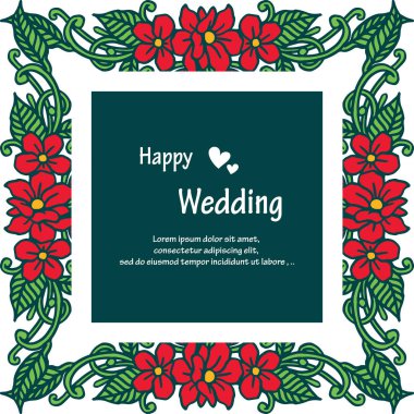 Güzel kırmızı çiçek çerçeve, yeşil yaprakları ile dalları, tasarım kartı mutlu düğün. Vektör