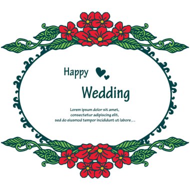 Güzel kırmızı çiçek çerçeve, yeşil yaprakları ile dalları, tasarım kartı mutlu düğün. Vektör