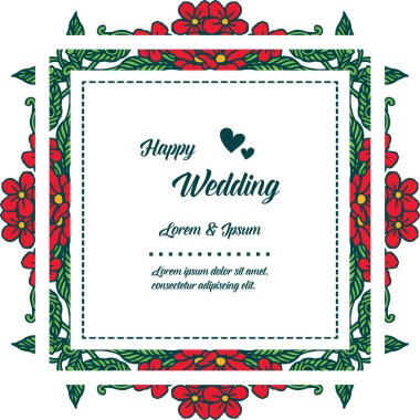 Güzel kırmızı çiçek çerçeve, yeşil yaprakları ile dalları, tasarım kartı mutlu düğün. Vektör