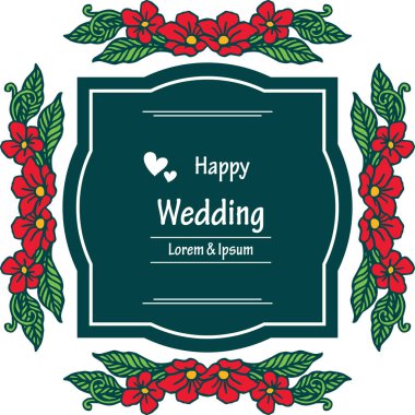 Şablon çiçek çerçeve, mutlu düğün yazısı, tebrik kartı süslü. Vektör
