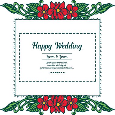 Şablon çiçek çerçeve, mutlu düğün yazısı, tebrik kartı süslü. Vektör