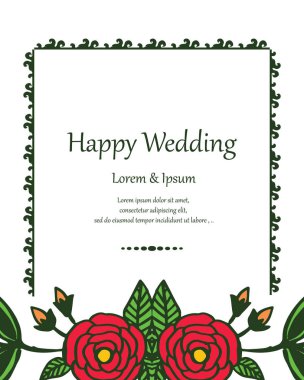 Davet şablonu mutlu düğün, güzel şekil çiçek çerçeve. Vektör