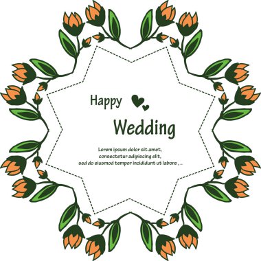 Davet şablonu mutlu düğün, güzel şekil çiçek çerçeve. Vektör