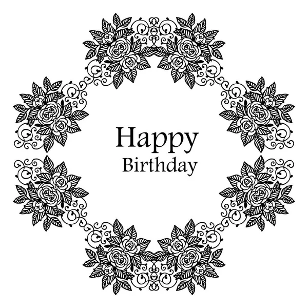 Tarjeta de diseño feliz cumpleaños, adornado de marco de flores blanco negro, para el papel pintado de la tarjeta. Vector — Vector de stock