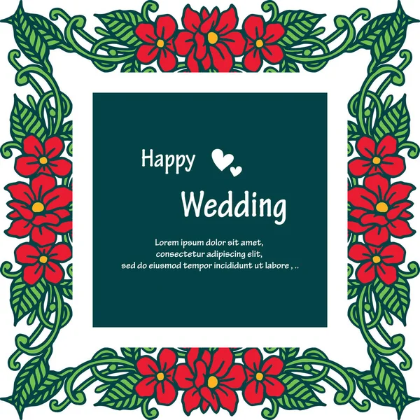 Güzel kırmızı çiçek çerçeve, yeşil yaprakları ile dalları, tasarım kartı mutlu düğün. Vektör