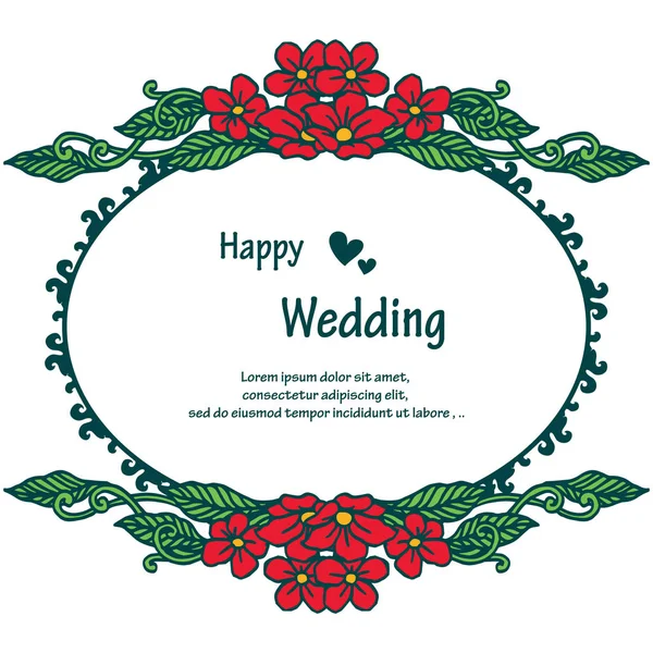 Güzel kırmızı çiçek çerçeve, yeşil yaprakları ile dalları, tasarım kartı mutlu düğün. Vektör