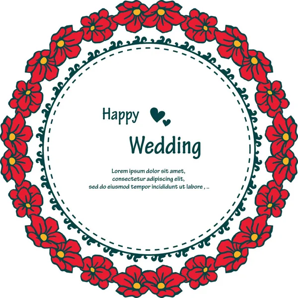 Vacker röd blomma ram, grenar med gröna blad, design kort Happy Wedding. Vektor — Stock vektor
