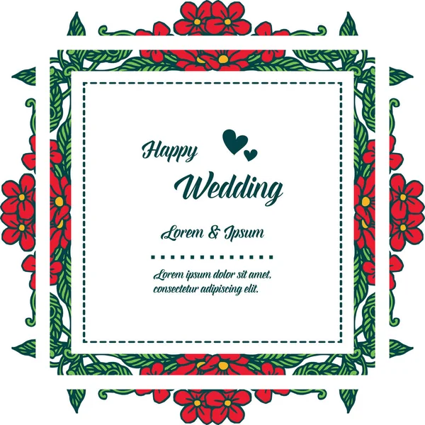Güzel kırmızı çiçek çerçeve, yeşil yaprakları ile dalları, tasarım kartı mutlu düğün. Vektör