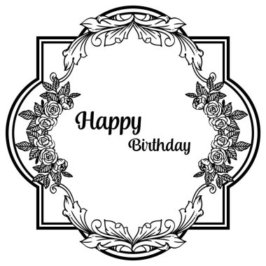 Çizim zarif siyah beyaz çiçek çerçeve, stil sorunsuz, tasarım tebrik kartı için mutlu yıllar. Vektör