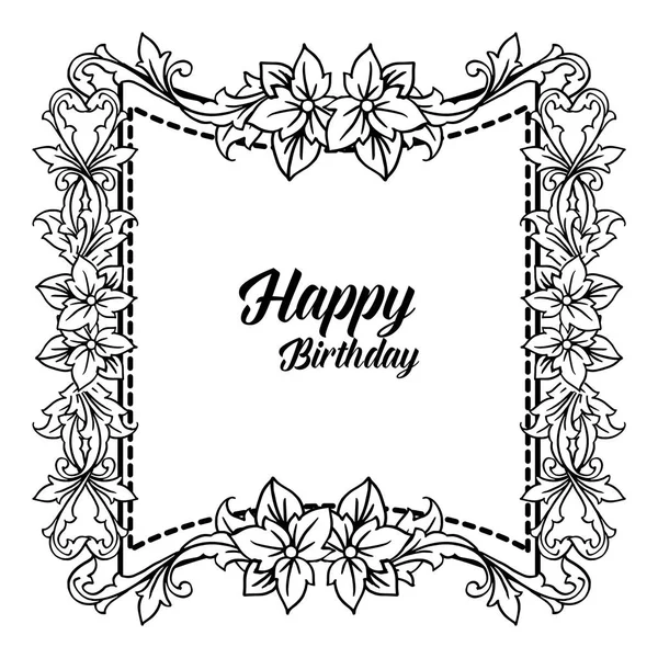 Tarjeta de felicitación feliz cumpleaños, con marco de flores patrón, hojas ramas sin costura. Vector — Vector de stock
