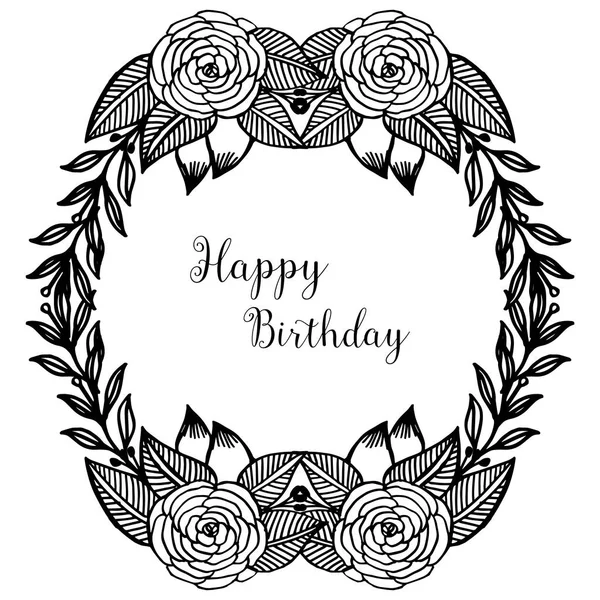 Fondo de pantalla silueta marco de flores, color negro blanco, letras de feliz cumpleaños, para la forma de la tarjeta de felicitación. Vector — Vector de stock