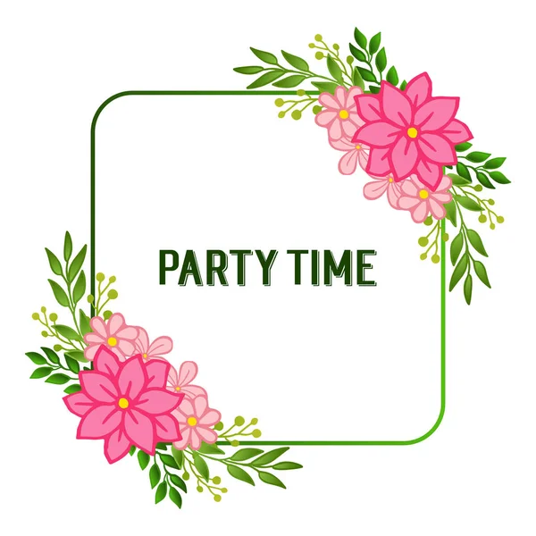 Cute party time card vintage, with pink floral frame design element. Vector — Stock Vector