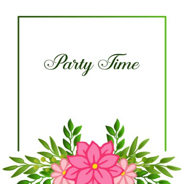 Parti zaman kartı yazı, çerçeve süslü desenli, zarif yeşil yapraklı çiçek için. Vektör