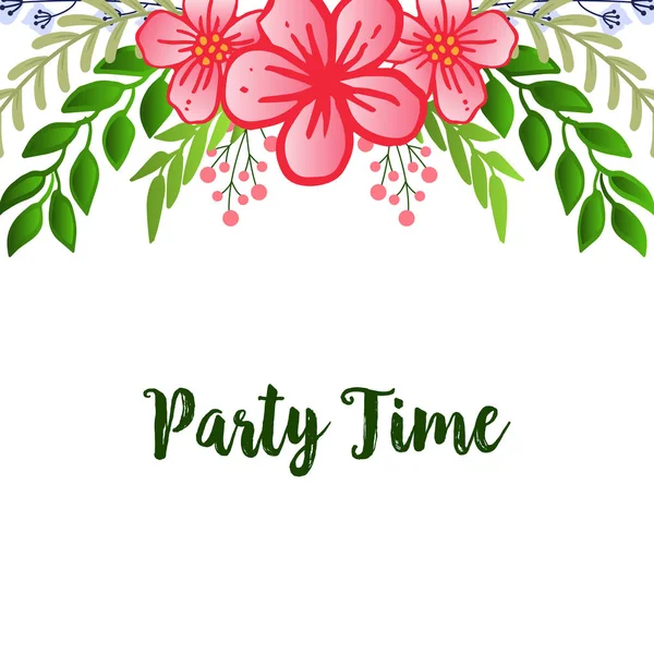 Poster or greeting card of party time, with plant of green leafy flower frames. Vector — Stock Vector