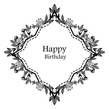 Sevimli kart mutlu yıllar, güzel çiçek ve dalları yaprakları, zarif çerçeve ile tasarım. Vektör
