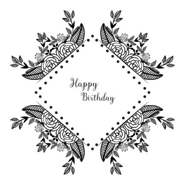 Çiçek desenleri, vintage çerçeve, tebrik kartı, davet kartı mutlu yıllar ile sevimli çelenk tasarımı. Vektör