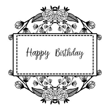 Siyah beyaz çiçek çerçeve, sevimli çerçeve dekorasyon, kutlama davet kartı için mutlu yıllar. Vektör