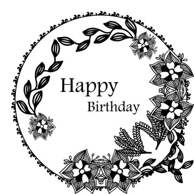 Mutlu doğum günü, tebrik kartı şekli, çiçek çerçeve ve çeşitli yaprakları güzel duvar kağıdı ile Yazı. Vektör