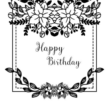 Mutlu doğum günü, tebrik kartı şekli, çiçek çerçeve ve çeşitli yaprakları güzel duvar kağıdı ile Yazı. Vektör