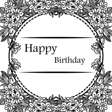 Siyah beyaz çiçek ve yaprakları, tasarım vintage çerçeve, kart mutlu yıllar dekorasyon. Vektör