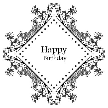 Siyah beyaz çiçek ve yaprakları, tasarım vintage çerçeve, kart mutlu yıllar dekorasyon. Vektör