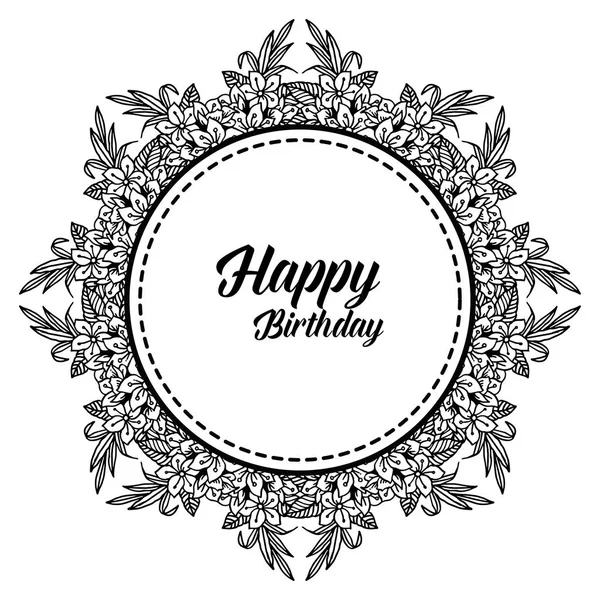 Dibujo hermosas hojas y flores, marco de estilo único, adornado de tarjeta de felicitación feliz cumpleaños. Vector — Vector de stock