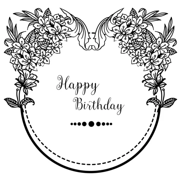 Dibujo hermosas hojas y flores, marco de estilo único, adornado de tarjeta de felicitación feliz cumpleaños. Vector — Vector de stock