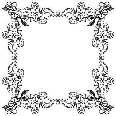 Siyah beyaz renklerde yaprak çelenk çerçeve sınır süsü. Vektör