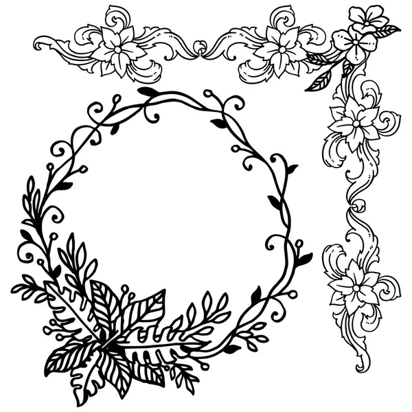 Ornamento de borda de moldura de grinalda de folha, em cores preto e branco. Vetor — Vetor de Stock