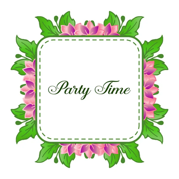 Mall eller banner för dekoration av Party Time, med skönhet gröna lummiga blomma ram. Vektor — Stock vektor