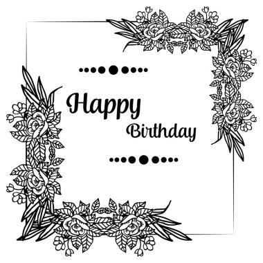 Sevimli mutlu doğum günü kartı, dekorasyon benzersiz çerçeve, zarif çiçek ve dalları yaprakları ile. Vektör