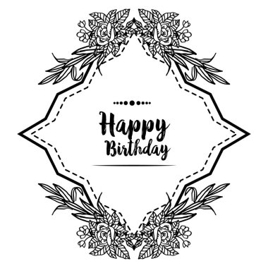 Sevimli mutlu doğum günü kartı, dekorasyon benzersiz çerçeve, zarif çiçek ve dalları yaprakları ile. Vektör