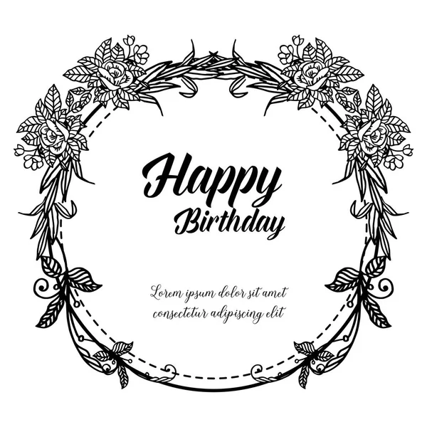 Cute Happy Birthday card, with decoration unique frame, elegant flower and branches leaves. Вектор — стоковый вектор