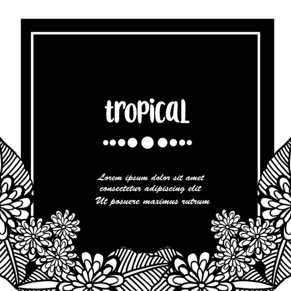 Preto branco de folhas elegantes e flor, moldura de decoração, para cartaz de conceito tropical. Vetor —  Vetores de Stock