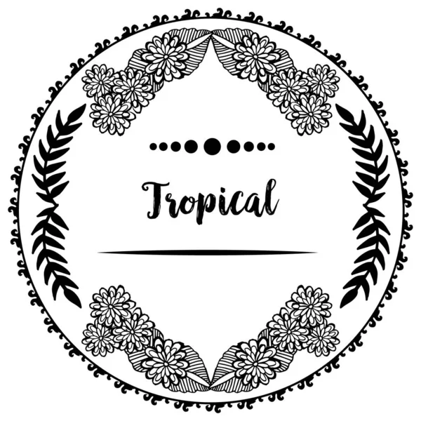 Blanco negro de hojas elegantes y flores, marco de decoración, para póster de concepto tropical. Vector — Vector de stock