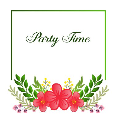 Zarif parti zaman kartı, yeşil yapraklı çiçek çerçevesi ile, beyaz arka plan üzerinde izole. Vektör