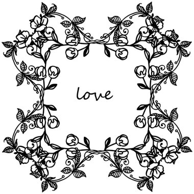 Yaprak çiçek çerçeve kalabalık ile aşk tebrik kartı için siyah ve beyaz renkler. Vektör